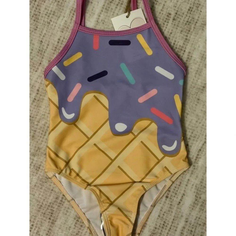 Girls Ice Cream Cone One Piece Swimsuit Purple Sprinkles‎ Waffle 2T NWT